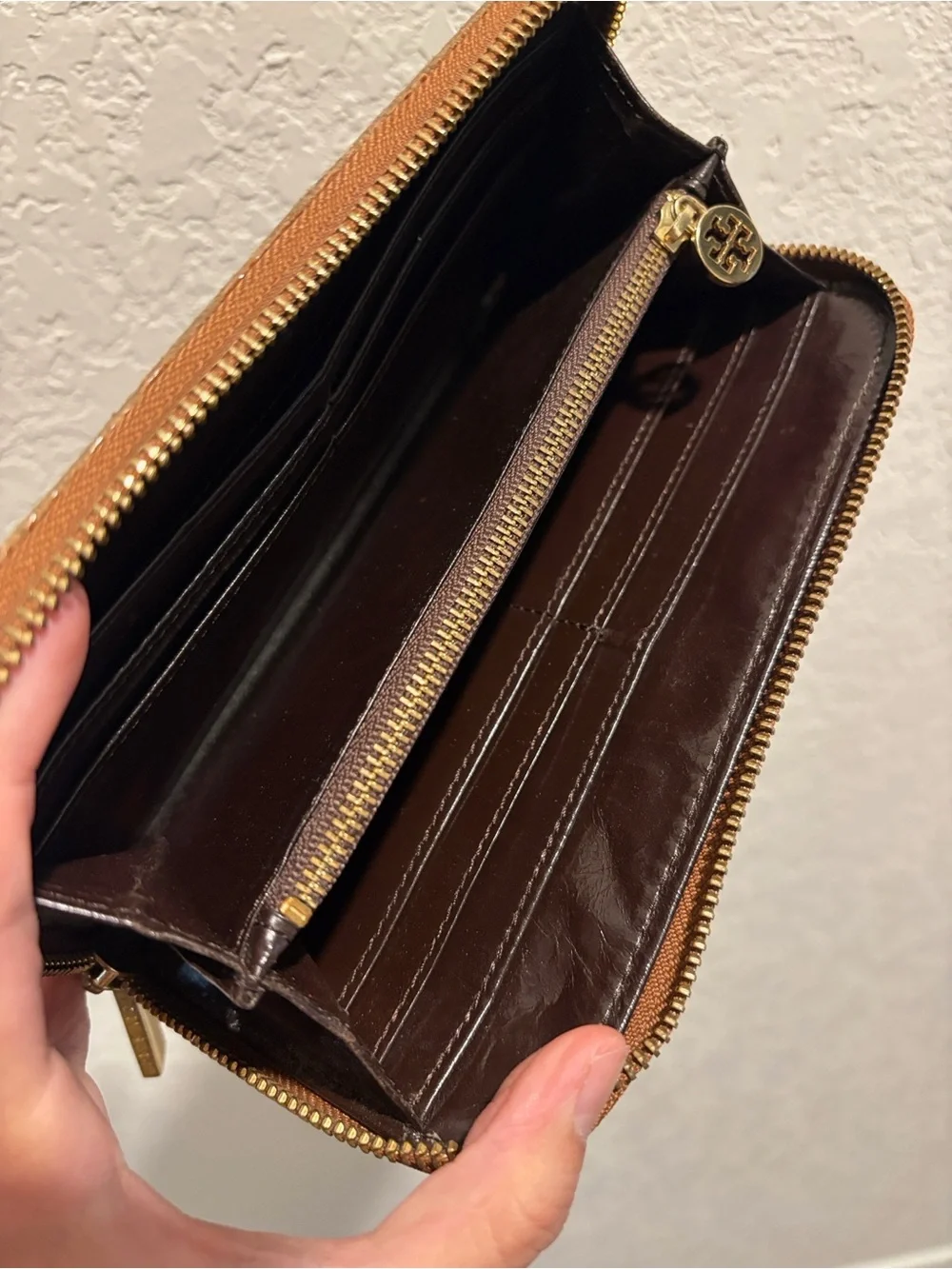 Tory Burch Cognac Embossed Zip-Around Wallet with Gold Logo